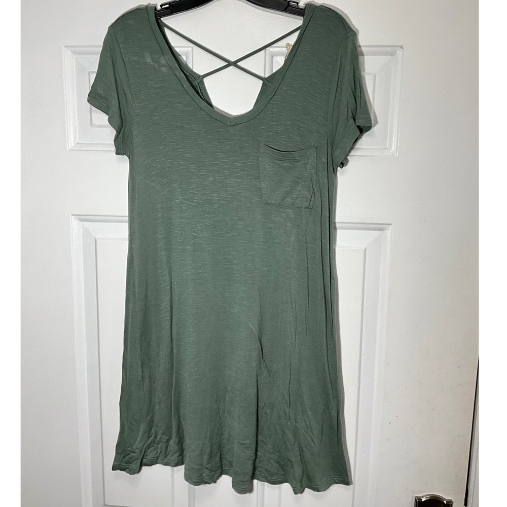 Pink Rose Vintage Sage Green Criss Cross Back Pocket T-Shirt Mini Dress Small